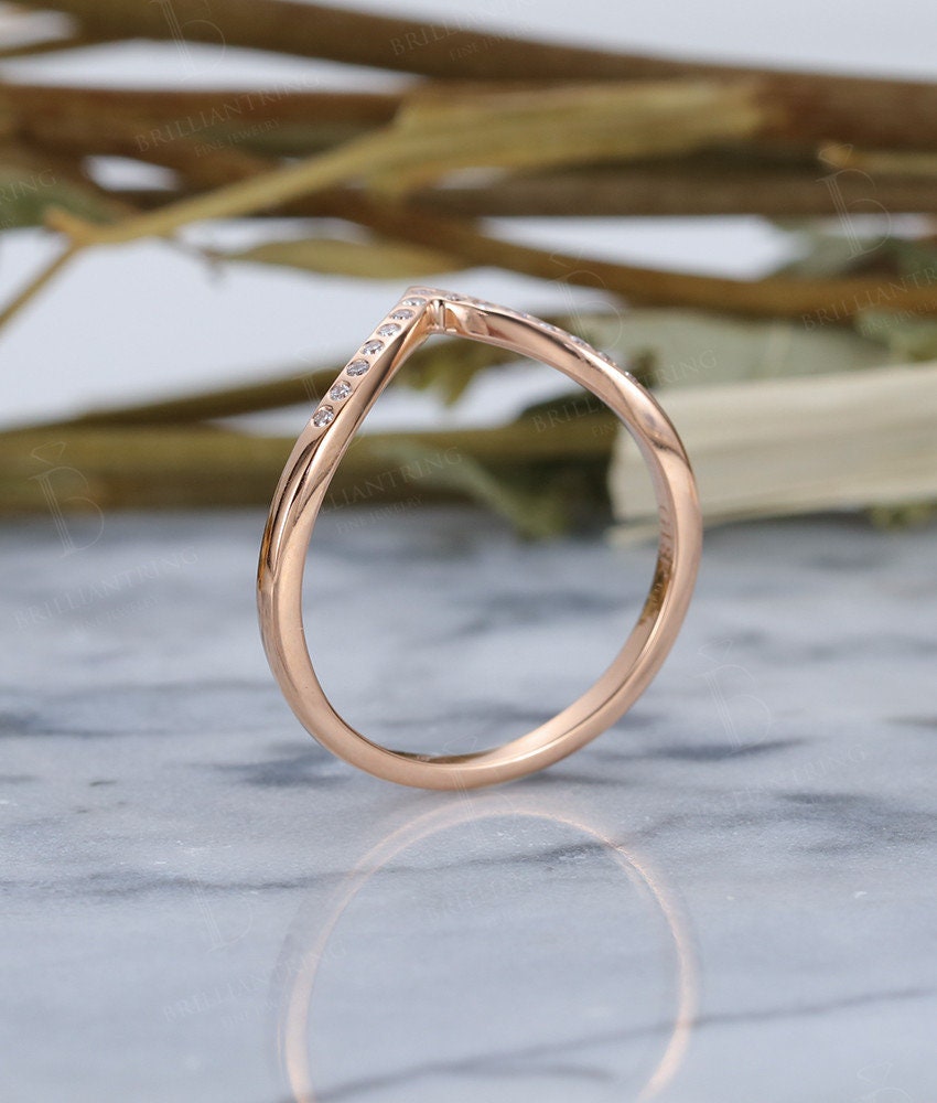 Diamond Curved wedding band 14k rose gold halo Vintage Bridal Set Jewelry Antique Solid  Matching Promise Anniversary Gift for