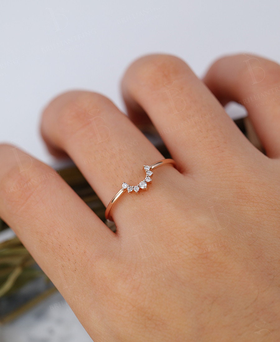 Moissanite/Diamond Curved wedding band rose gold ring Vintage Arched ring Bridal Set Antique Stacking Matching Promise Anniversary ring