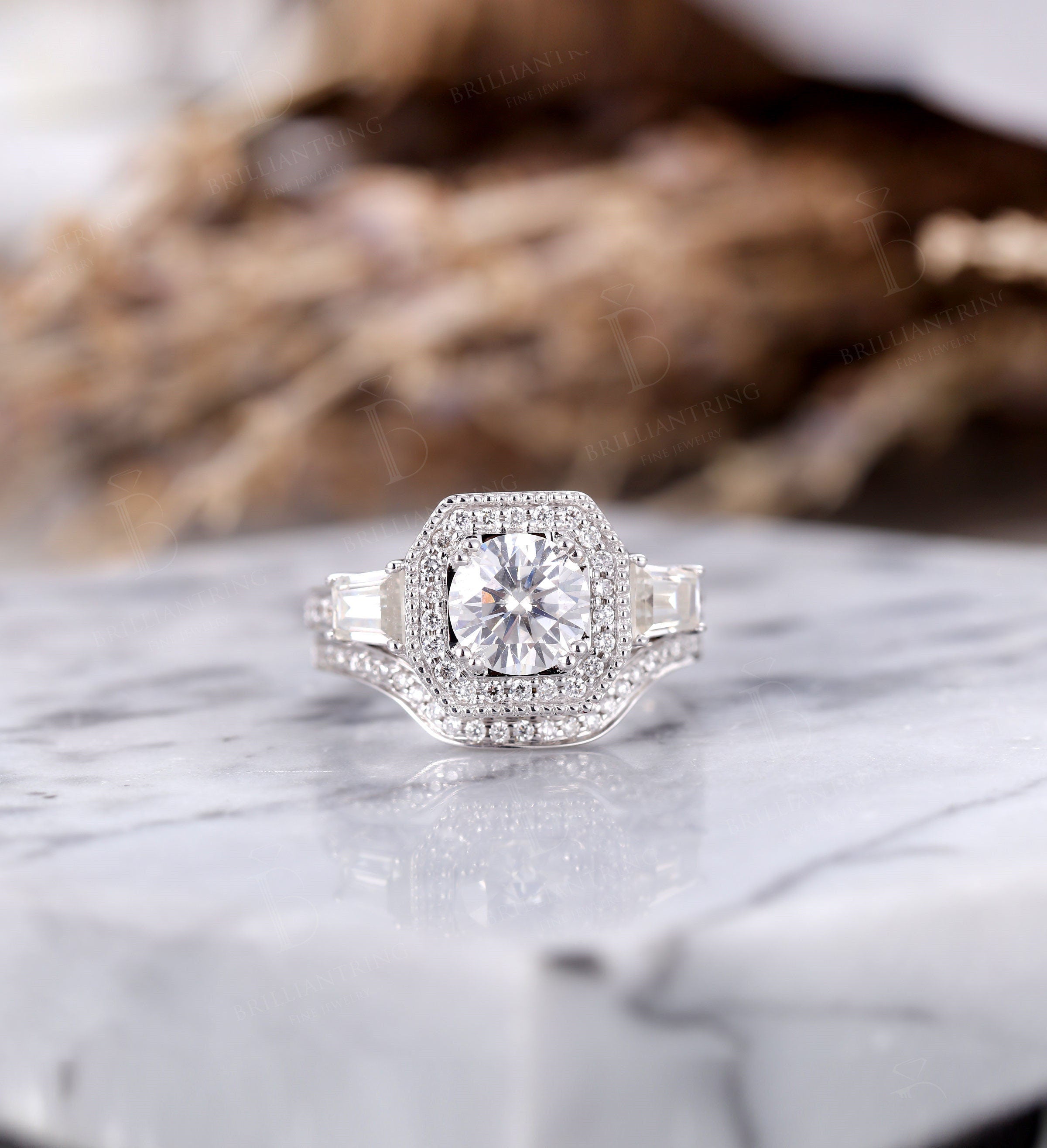 Moissanite engagement ring set vintage halo baguette stacking Wedding ring  unique antique Jewelry promise Anniversary wedding ring