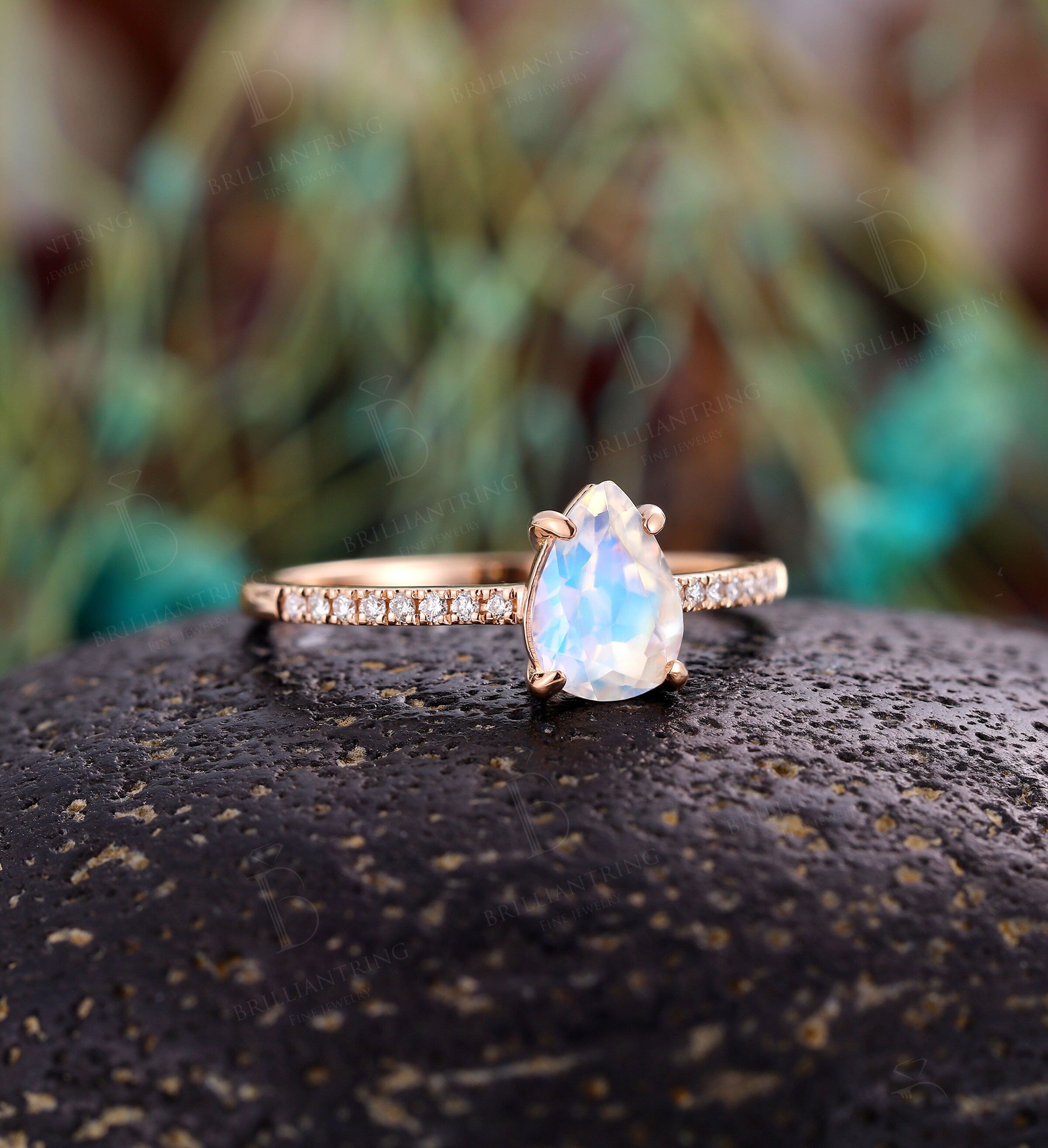 Moonstone engagement ring Rose gold pear shaped vintage Half eternity unique Wedding  Jewelry birthstone Anniversary wedding ring