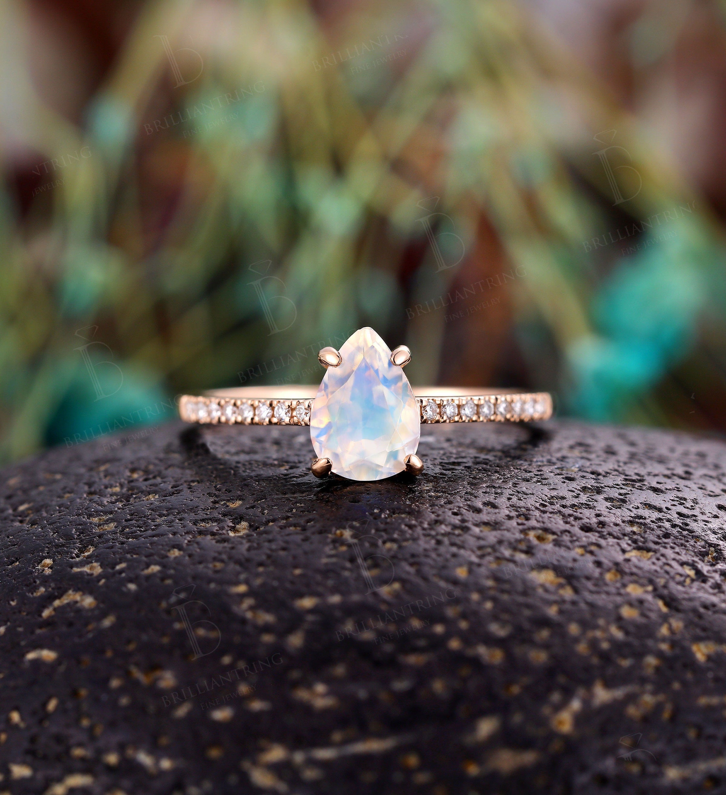 Moonstone engagement ring Rose gold pear shaped vintage Half eternity unique Wedding  Jewelry birthstone Anniversary wedding ring