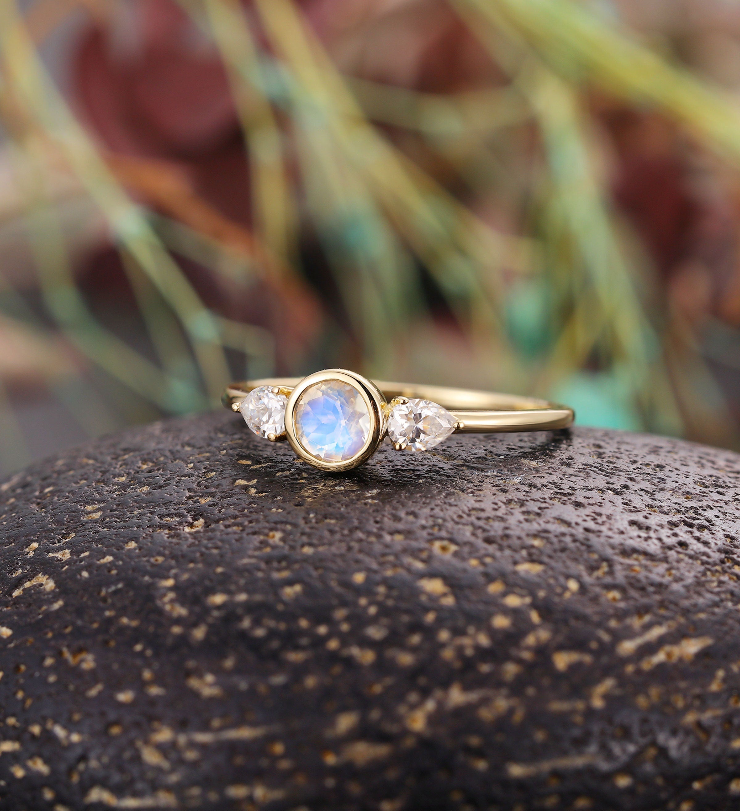 Moonstone engagement ring  Vintage bezel set pear shaped moissanite 3 stone ring yellow gold Unique Delicate  Anniversary wedding ring