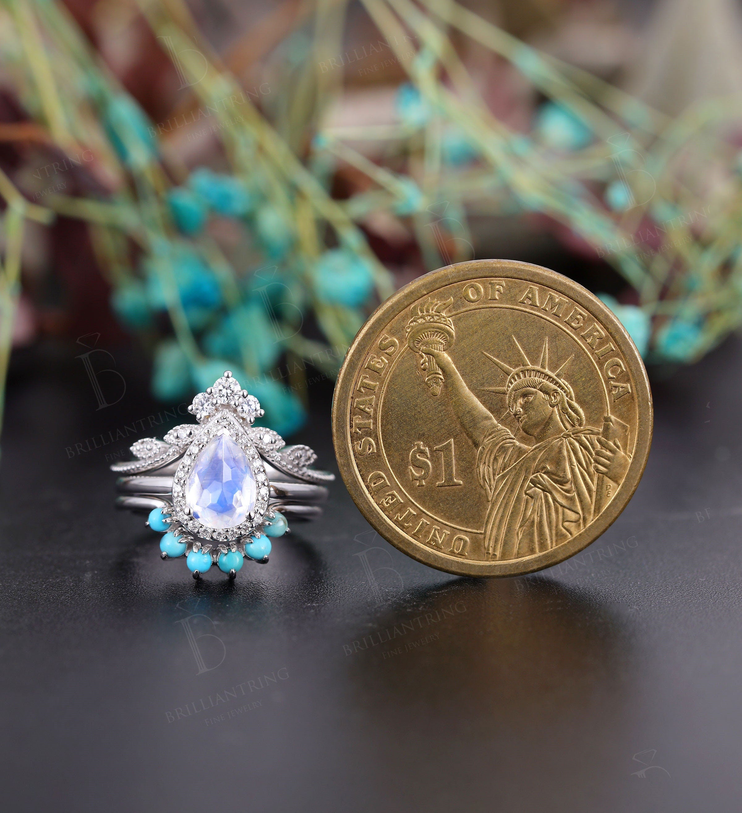 Moonstone engagement ring set  White gold pear shaped vintage leaf moissanite turquoise Wedding Jewelry birthstone Anniversary gift