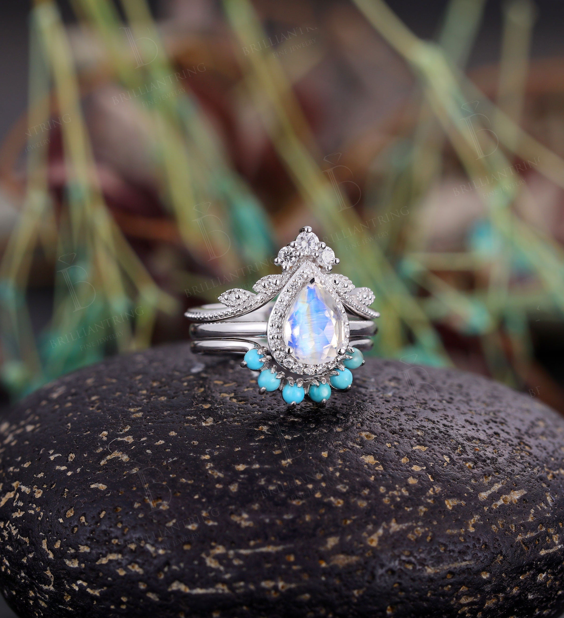 Moonstone engagement ring set  White gold pear shaped vintage leaf moissanite turquoise Wedding Jewelry birthstone Anniversary gift