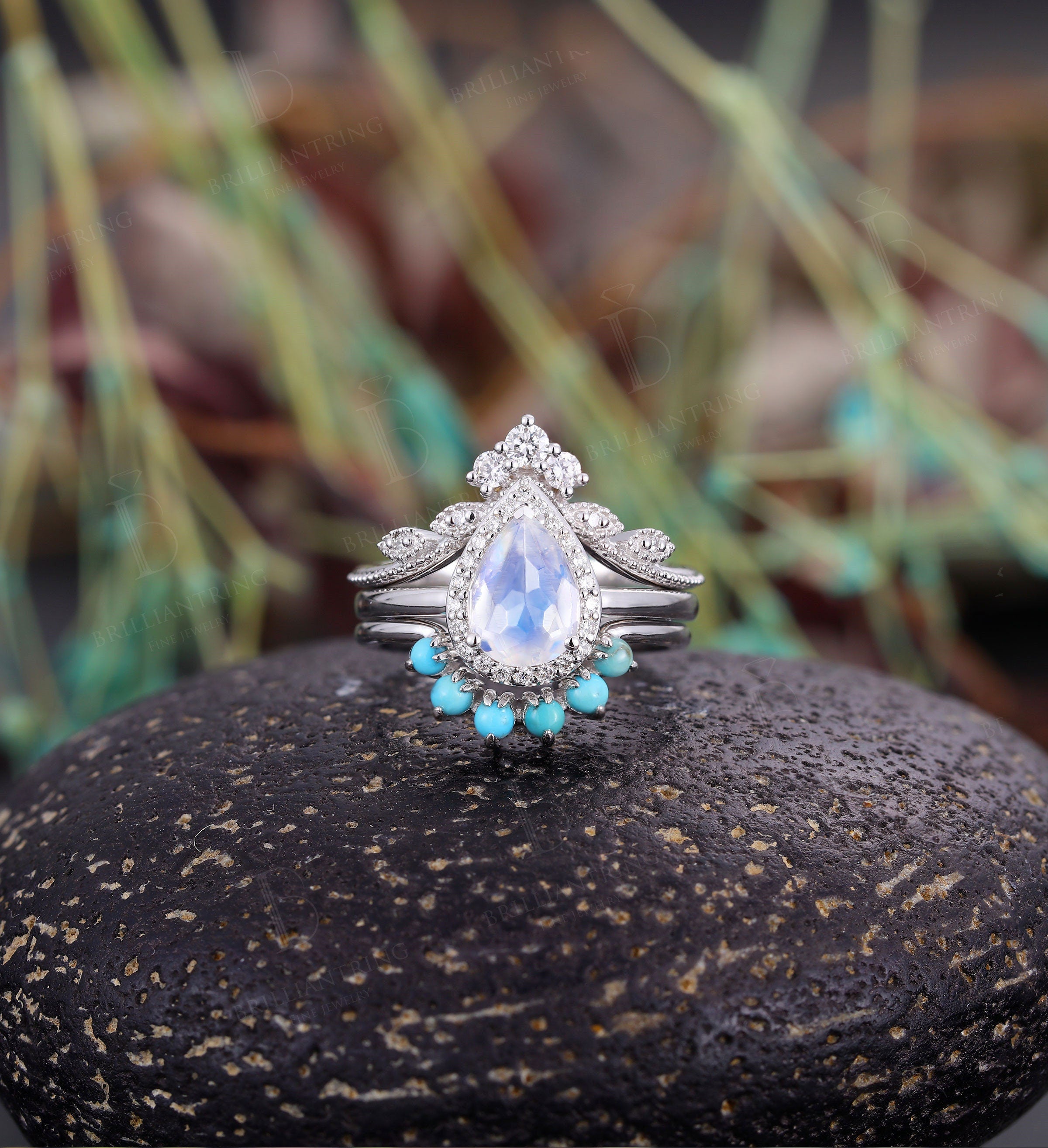 Moonstone engagement ring set  White gold pear shaped vintage leaf moissanite turquoise Wedding Jewelry birthstone Anniversary gift