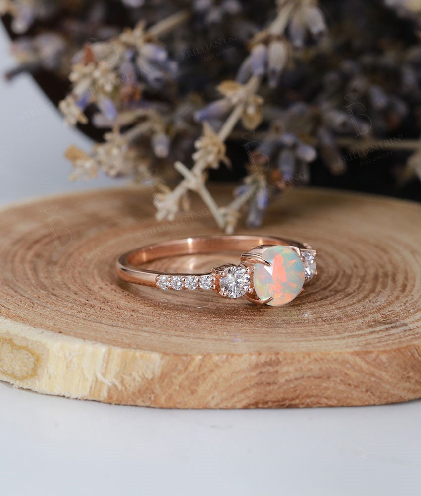 Faceted Opal engagement ring vintage Rose gold prong set Antique moissanite Half eternity art deco  Promise Anniversary wedding ring