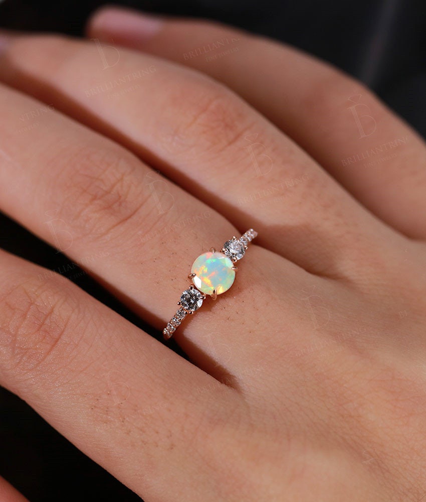 Faceted Opal engagement ring vintage Rose gold prong set Antique moissanite Half eternity art deco  Promise Anniversary wedding ring