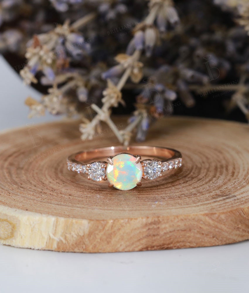 Faceted Opal engagement ring vintage Rose gold prong set Antique moissanite Half eternity art deco  Promise Anniversary wedding ring