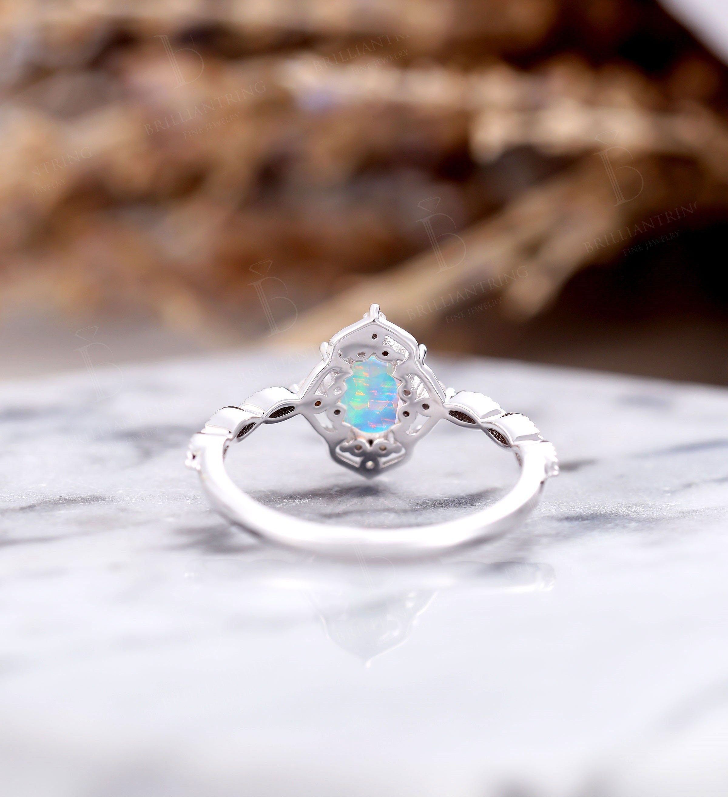 Faceted Opal engagement ring vintage white gold oval cut Antique Delicate diamond milgrain Wedding  Promise Anniversary wedding ring