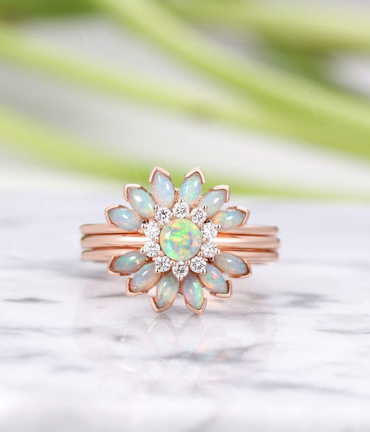 Faceted Opal engagement ring ,Marquise cut opal wedding band,Vintage rose gold wedding ring,Art deco Jewelry flower ring set diamond