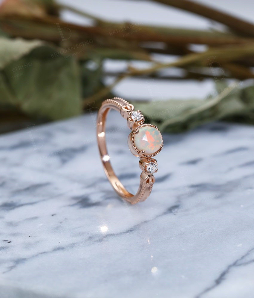 Faceted Opal engagement ring vintage Rose gold Antique Delicate Halo diamond milgrain Wedding  Promise Anniversary wedding ring