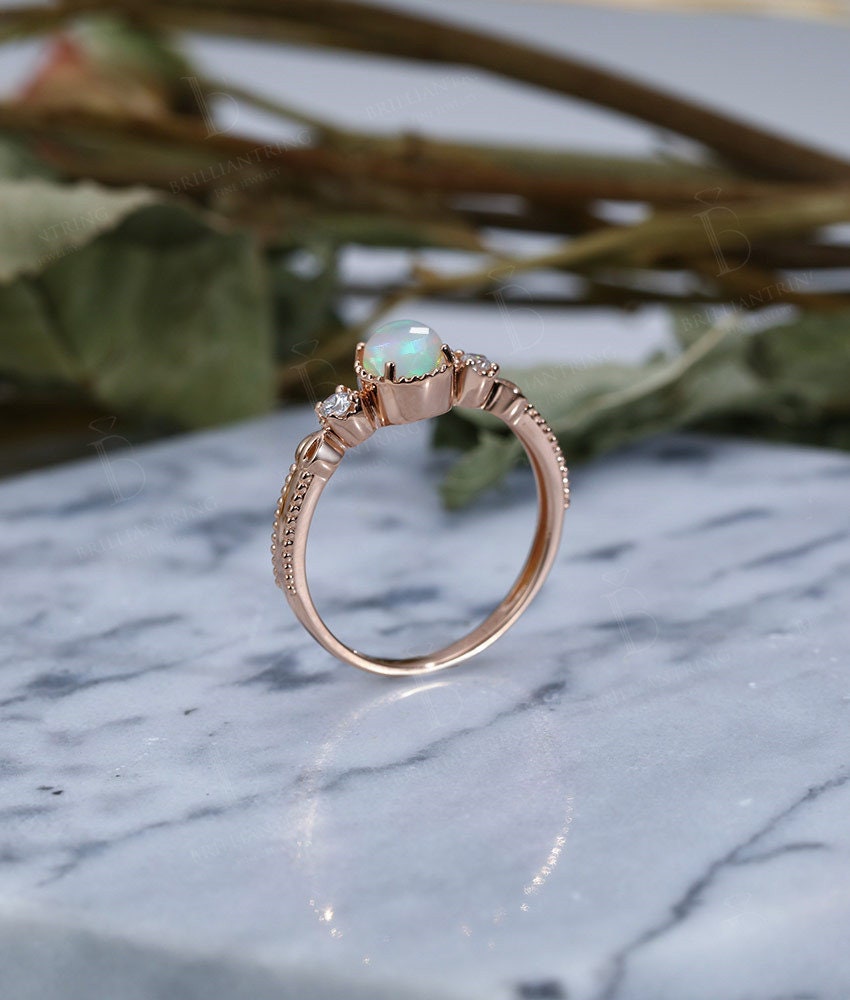 Faceted Opal engagement ring vintage Rose gold Antique Delicate Halo diamond milgrain Wedding  Promise Anniversary wedding ring