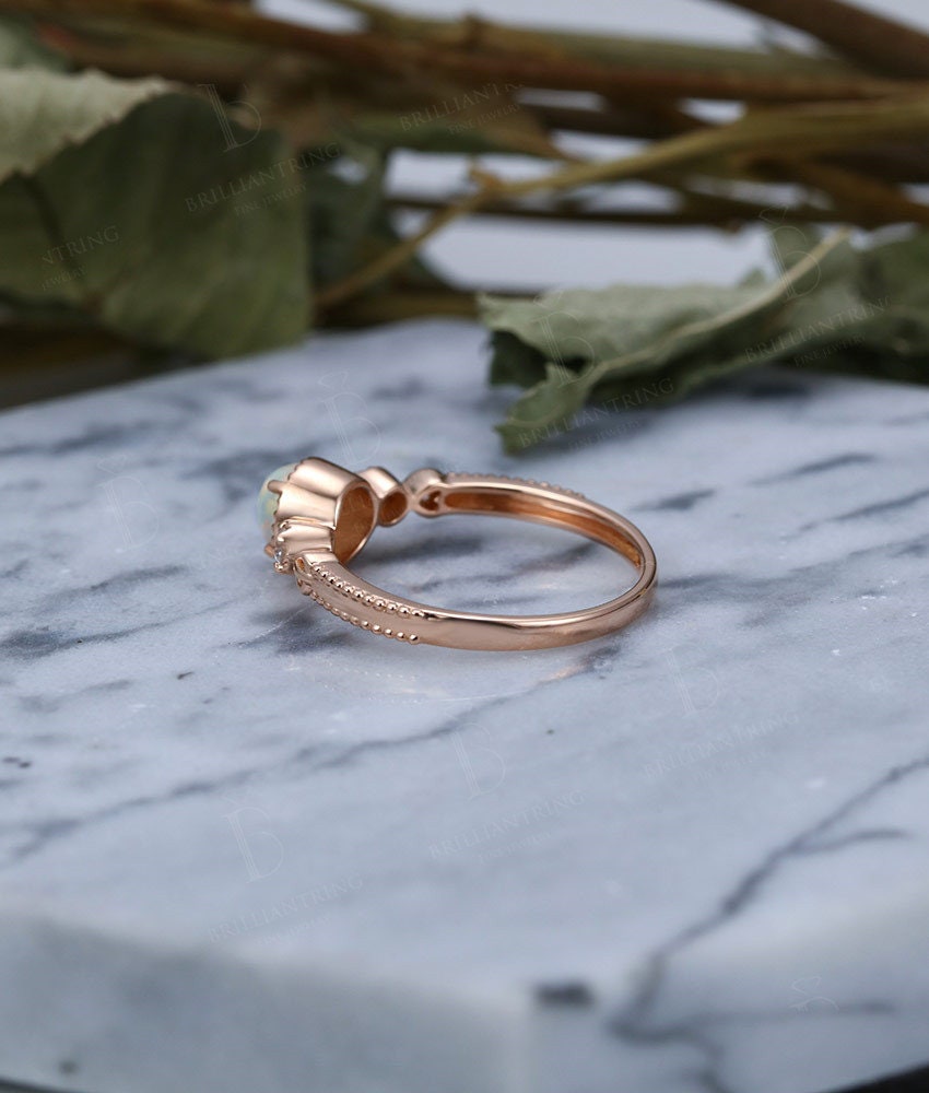 Faceted Opal engagement ring vintage Rose gold Antique Delicate Halo diamond milgrain Wedding  Promise Anniversary wedding ring