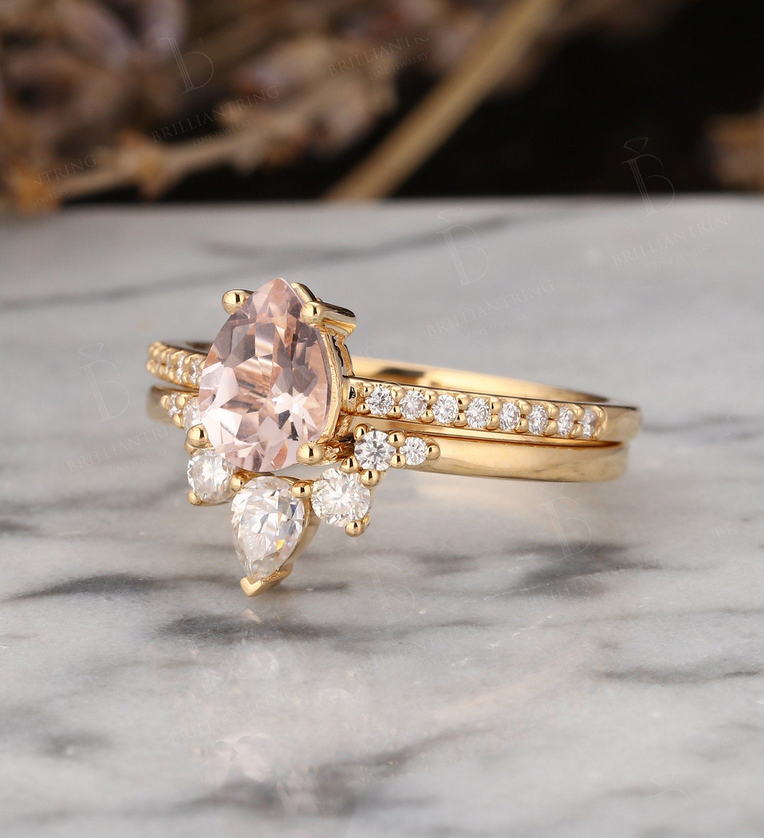 Morganite engagement ring rose gold pear cut vintage diamond Half eternity Wedding band  antique Jewelry Anniversary wedding ring