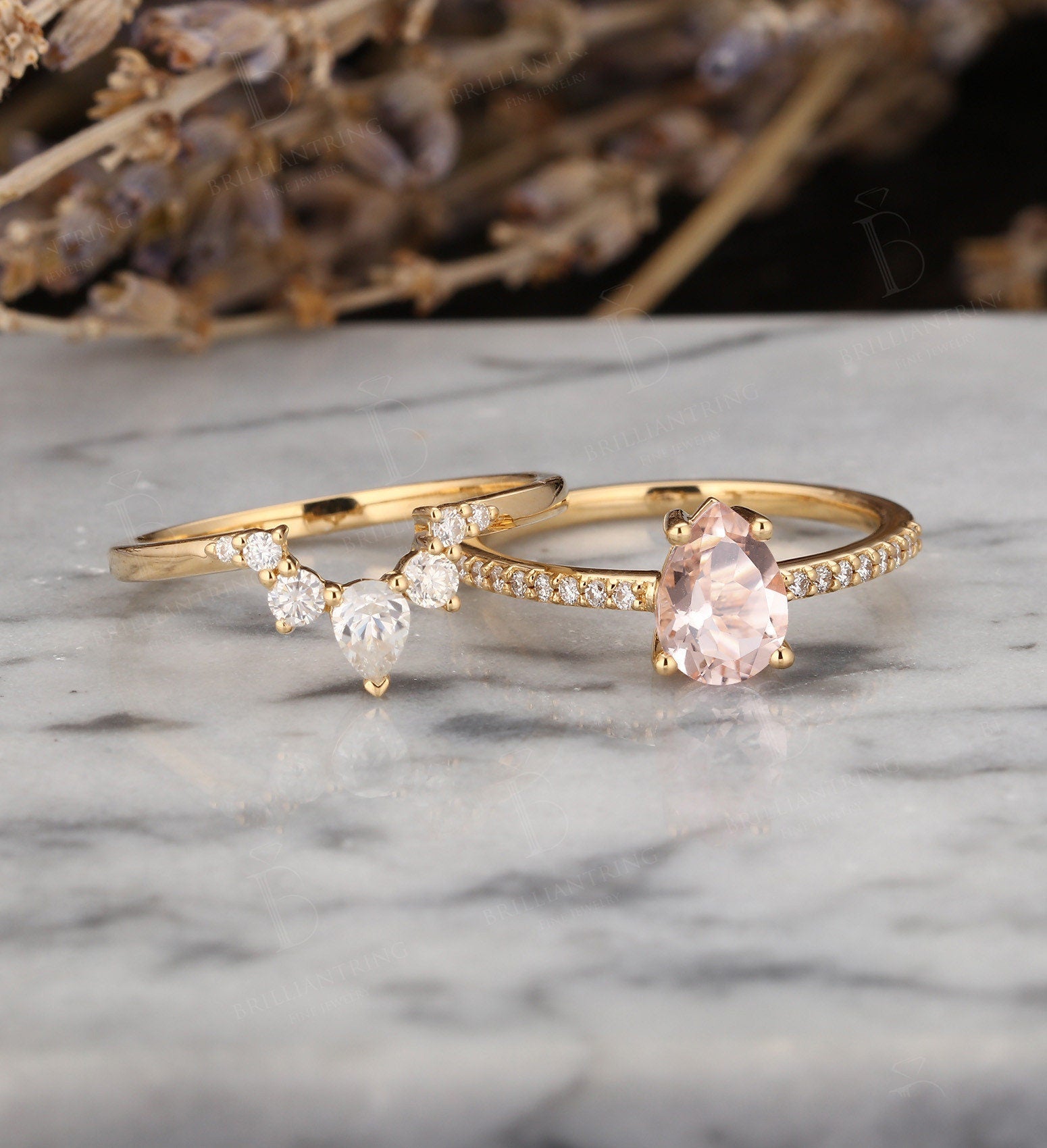 Morganite engagement ring rose gold pear cut vintage diamond Half eternity Wedding band  antique Jewelry Anniversary wedding ring