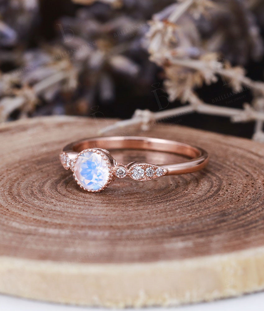 Moonstone Engagement Ring  rose Gold vintage round cut Art Deco Antique diamond wedding ring   Promise Anniversary wedding ring