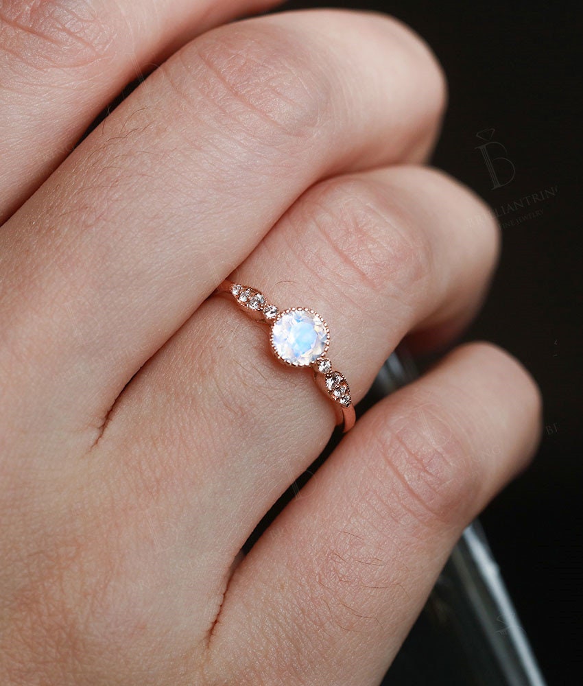 Moonstone Engagement Ring  rose Gold vintage round cut Art Deco Antique diamond wedding ring   Promise Anniversary wedding ring