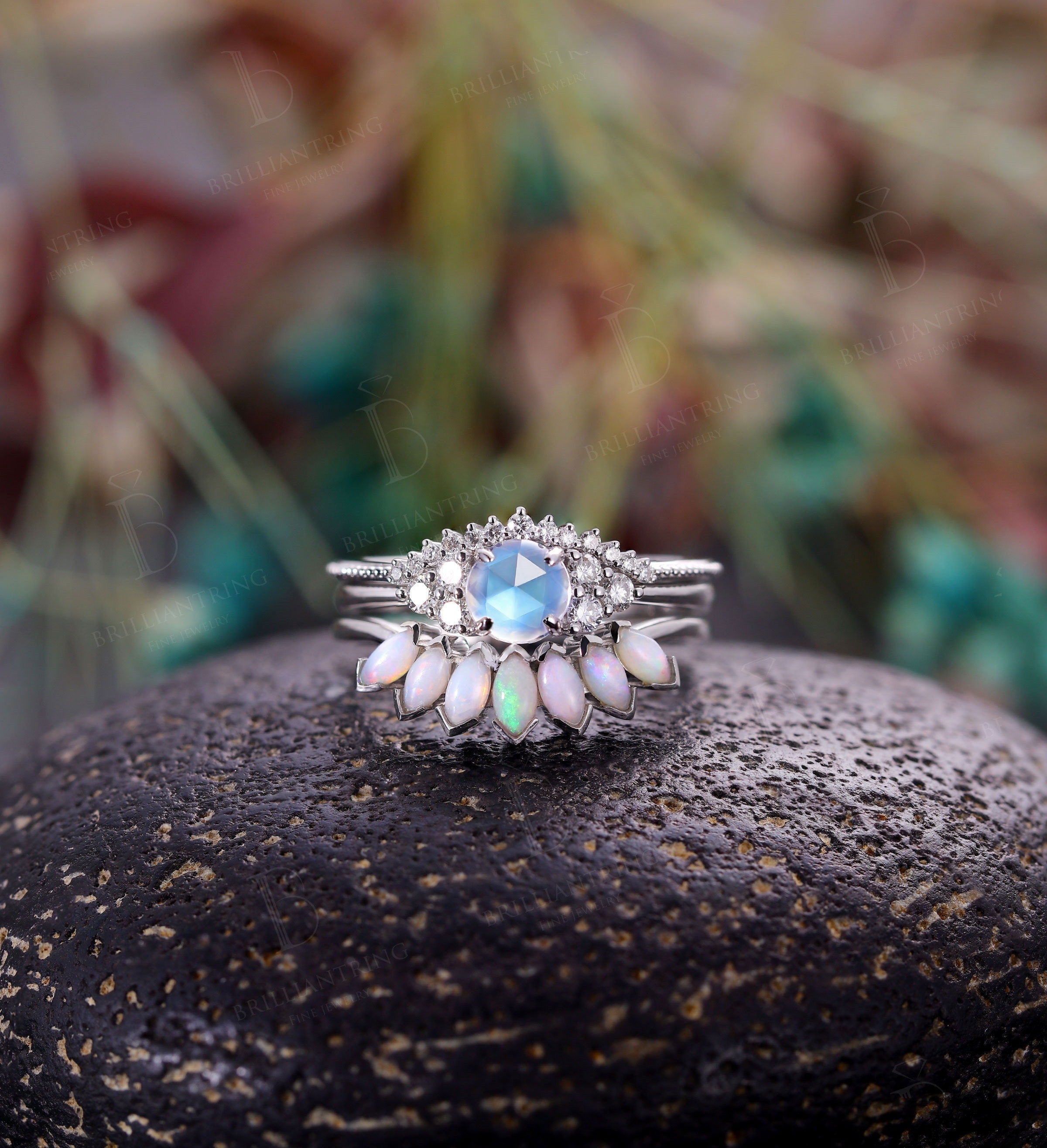 Art deco moonstone engagement ring set Vintage Opal Jewelry rose gold Unique moissanite cluster diamond wedding Bridal set Anniversary gift