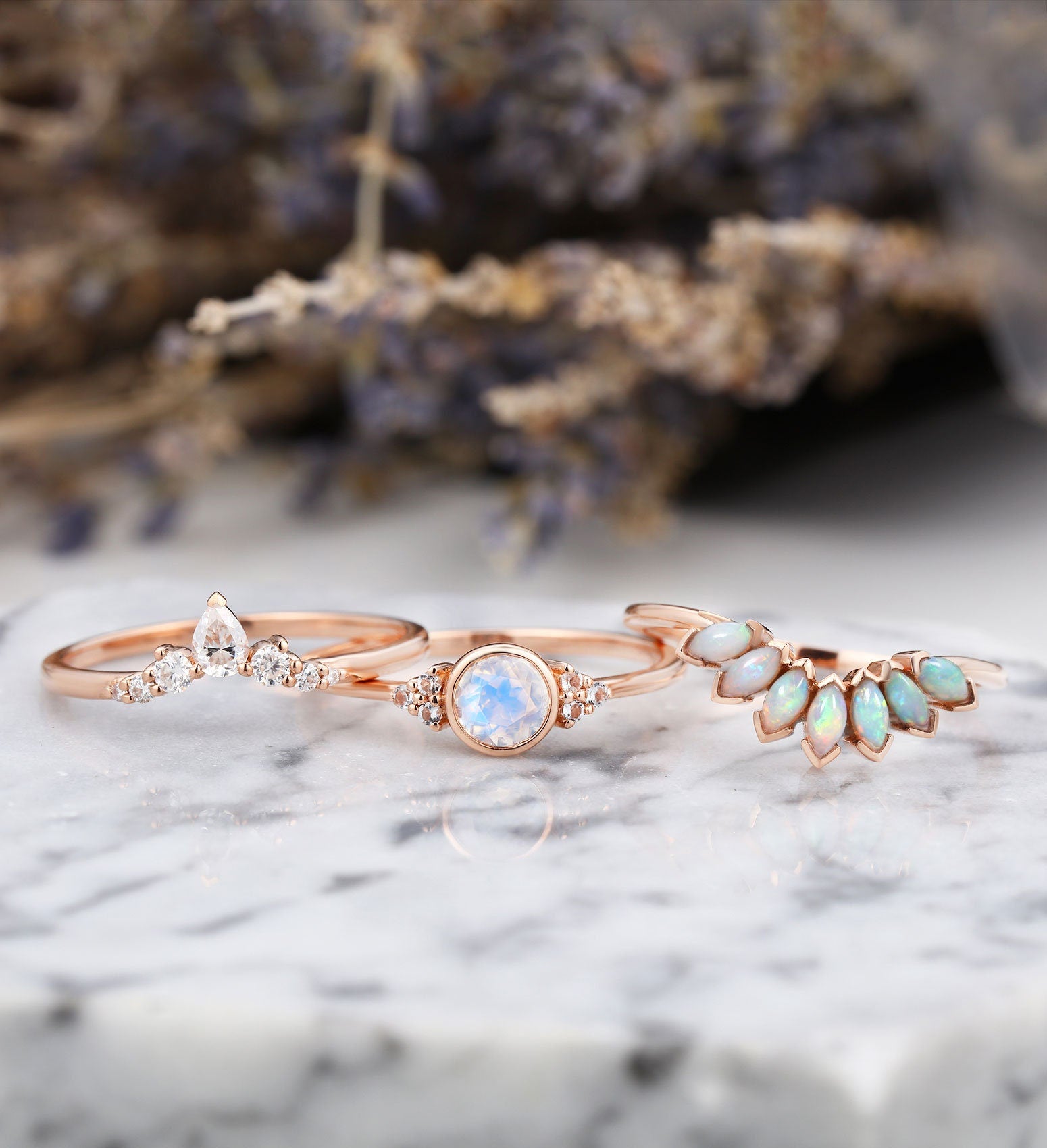 Art deco moonstone engagement ring set Vintage Opal Topaz rose gold ring Unique moissanite curved wedding band Bridal set Anniversary ring