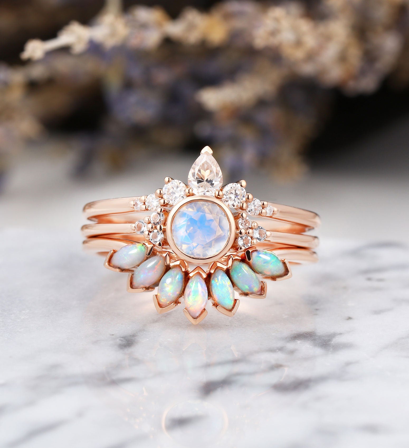 Art deco moonstone engagement ring set Vintage Opal Topaz rose gold ring Unique moissanite curved wedding band Bridal set Anniversary ring