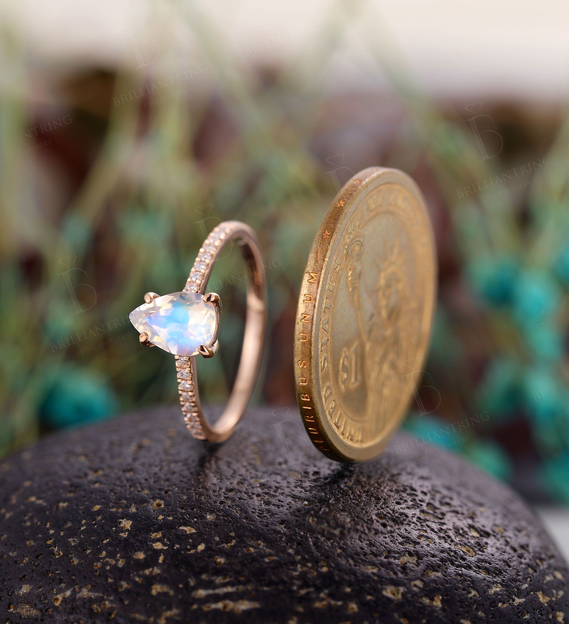 Moonstone engagement ring Rose gold pear shaped vintage Half eternity unique Wedding  Jewelry birthstone Anniversary wedding ring