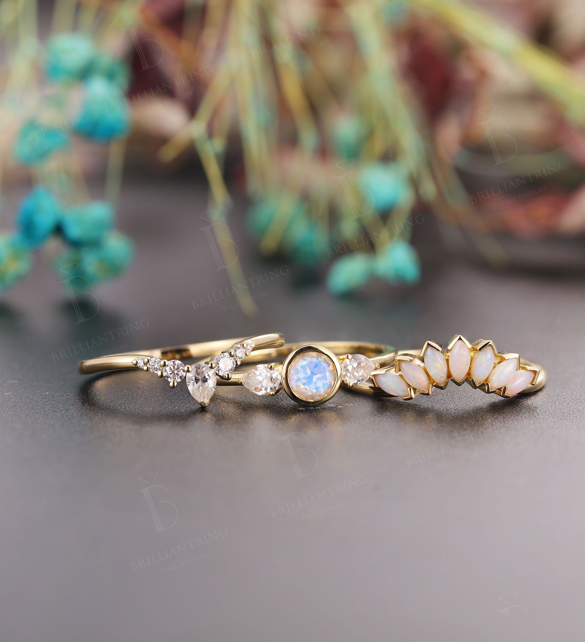 Art deco moonstone engagement ring set Vintage Opal Jewelry yellow gold Unique moissanite wedding band Bridal set Anniversary wedding ring