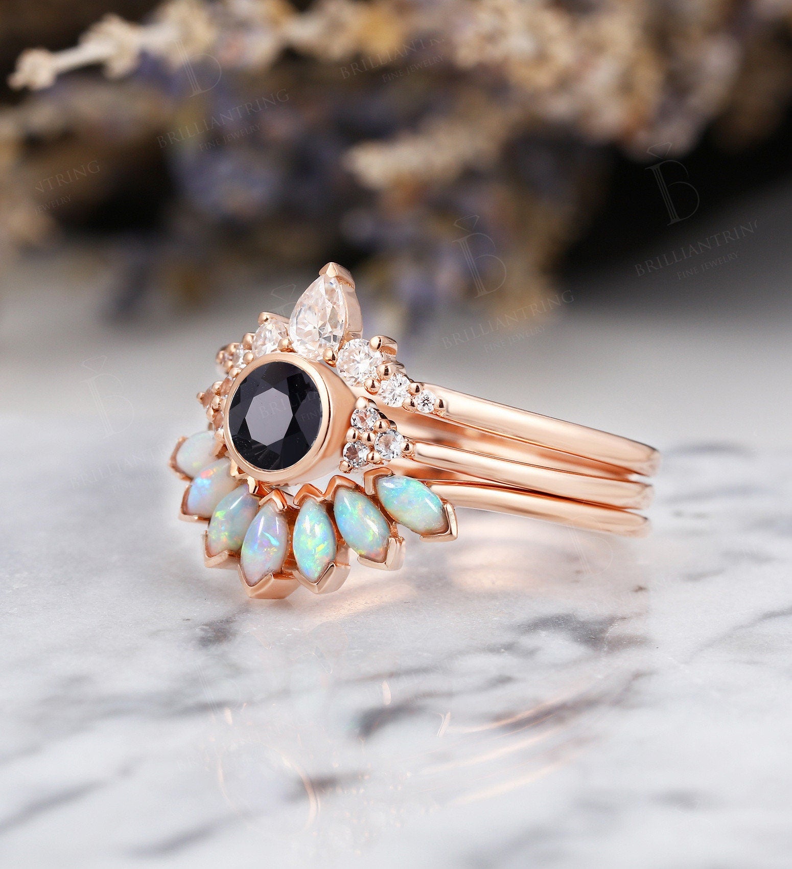 Art deco Black Onyx engagement ring Vintage Opal Topaz Jewelry rose gold Unique moissanite wedding band Bridal set Anniversary wedding ring