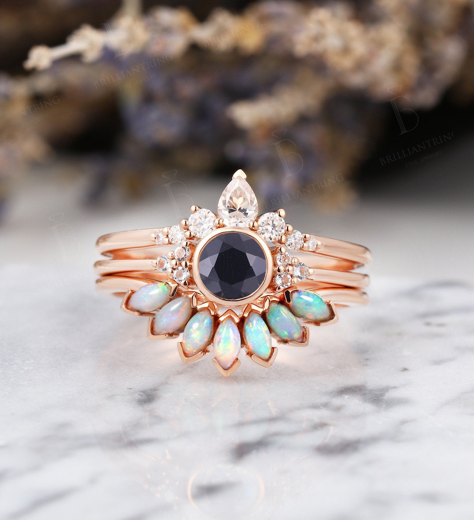 Art deco Black Onyx engagement ring Vintage Opal Topaz Jewelry rose gold Unique moissanite wedding band Bridal set Anniversary wedding ring