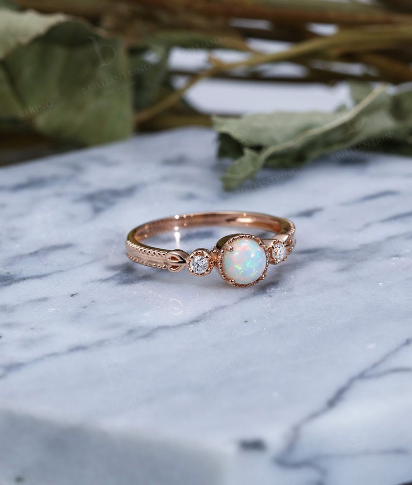 Faceted Opal engagement ring vintage Rose gold Antique Delicate Halo diamond milgrain Wedding  Promise Anniversary wedding ring