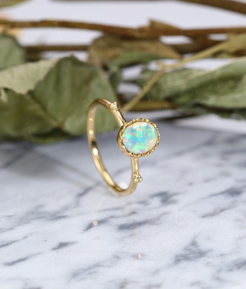 Faceted Opal engagement ring vintage antique  oval shaped 14k gold art deco unique birthstone Delicate wedding promise wedding ring