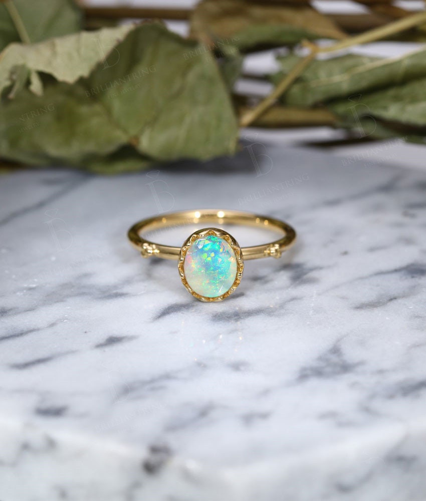 Faceted Opal engagement ring vintage antique  oval shaped 14k gold art deco unique birthstone Delicate wedding promise wedding ring