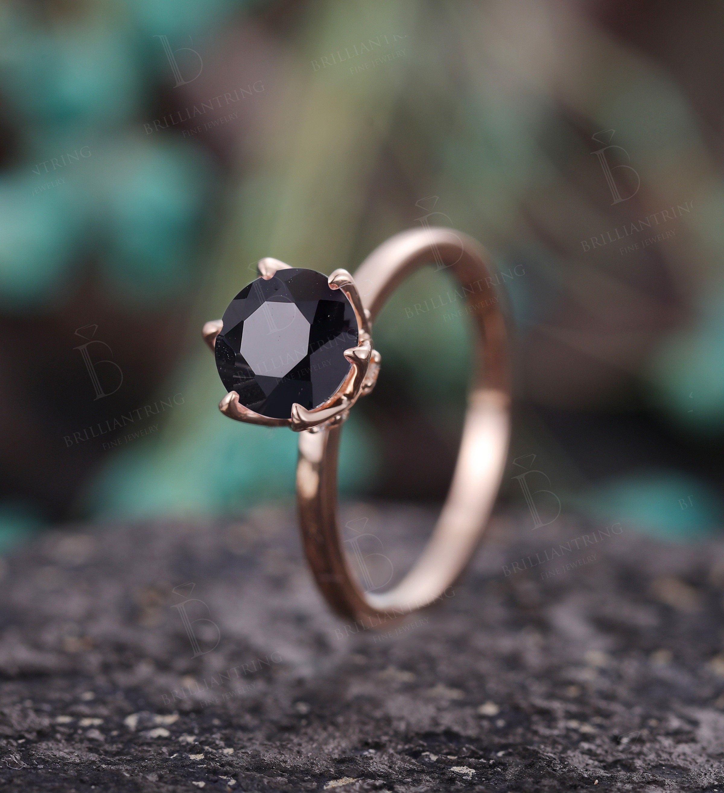 Black Onyx engagement ring vintage unique rose gold moissanite art deco prong set Wedding  Jewelry promise anniversary wedding ring