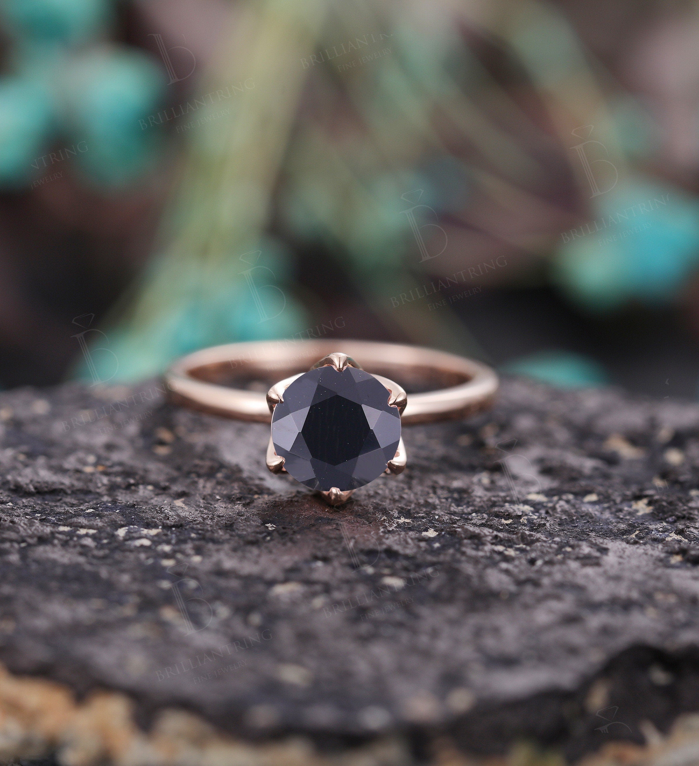 Black Onyx engagement ring vintage unique rose gold moissanite art deco prong set Wedding  Jewelry promise anniversary wedding ring