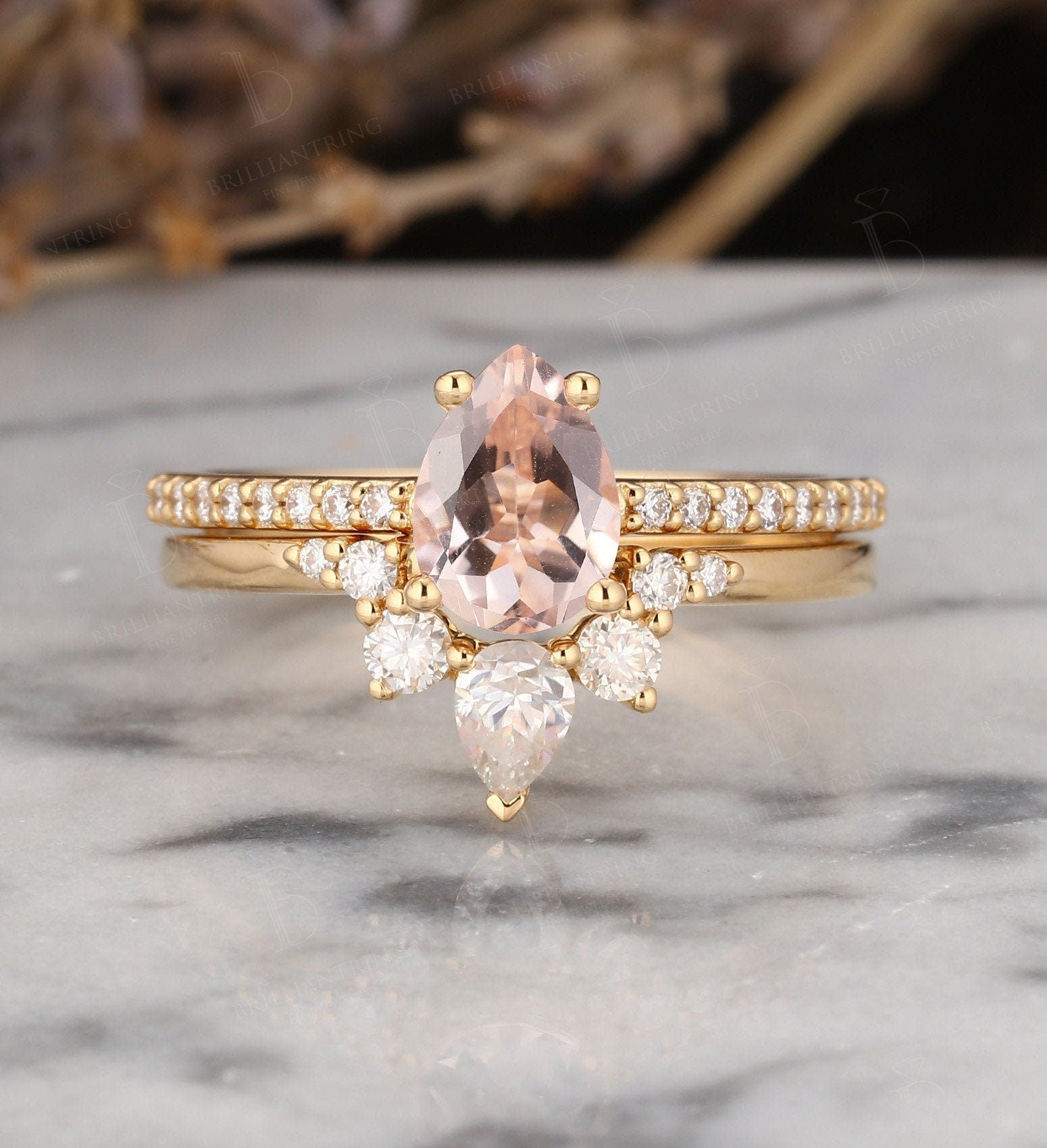 Morganite engagement ring rose gold pear cut vintage diamond Half eternity Wedding band  antique Jewelry Anniversary wedding ring