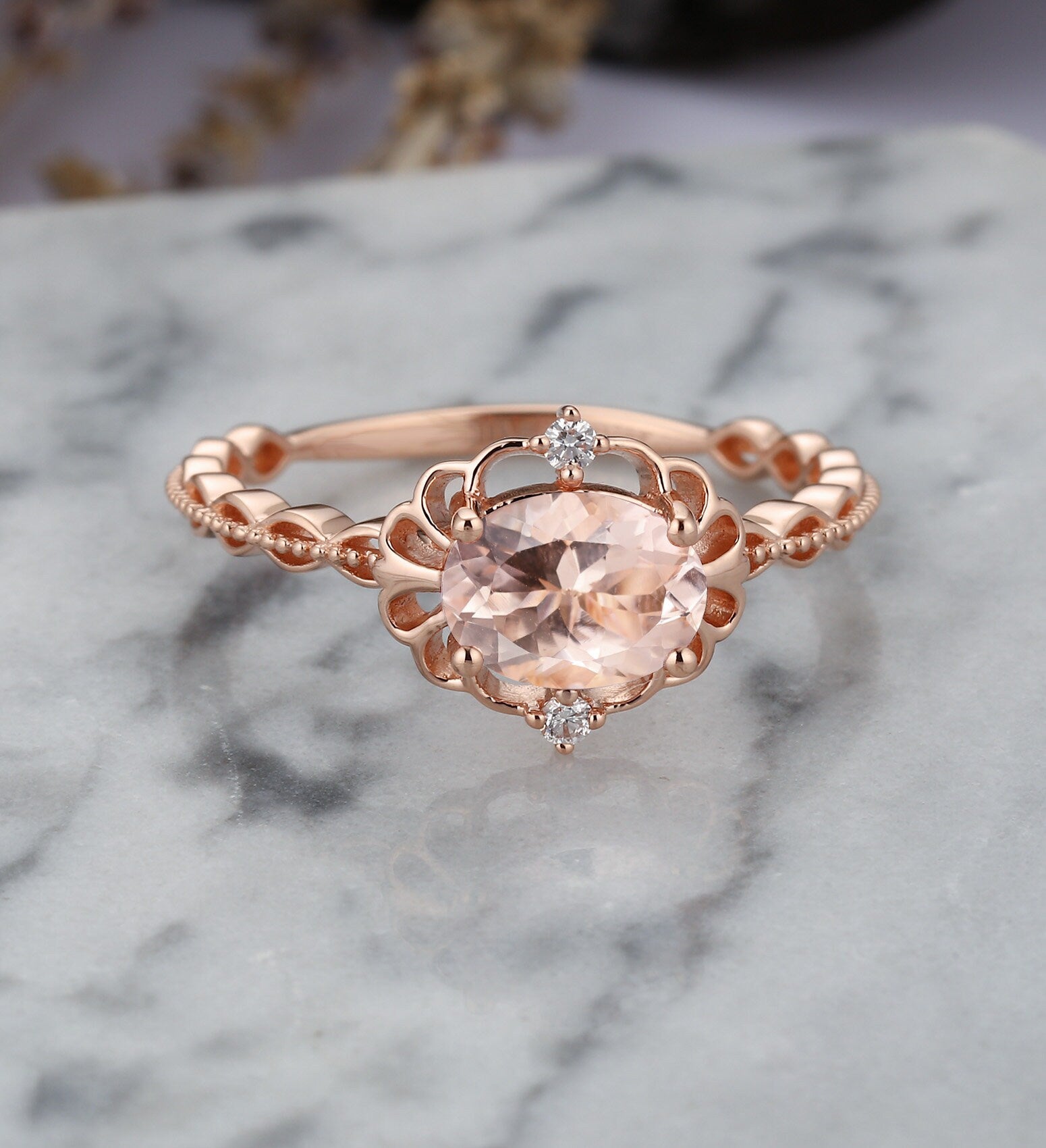 Morganite engagement ring vintage Rose gold  oval cut Antique Delicate diamond Half eternity Wedding  Promise Anniversary wedding ring