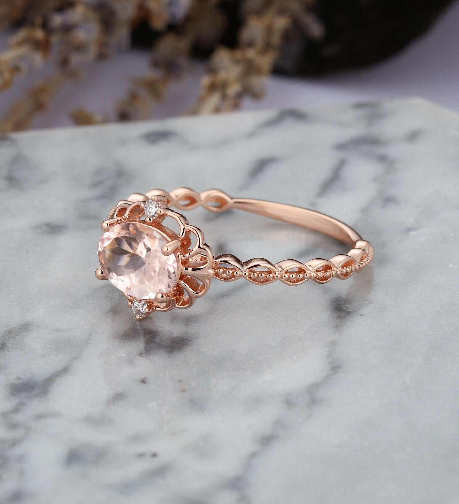 Morganite engagement ring vintage Rose gold  oval cut Antique Delicate diamond Half eternity Wedding  Promise Anniversary wedding ring