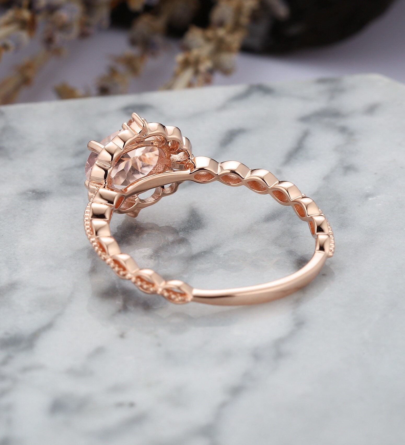 Morganite engagement ring vintage Rose gold  oval cut Antique Delicate diamond Half eternity Wedding  Promise Anniversary wedding ring