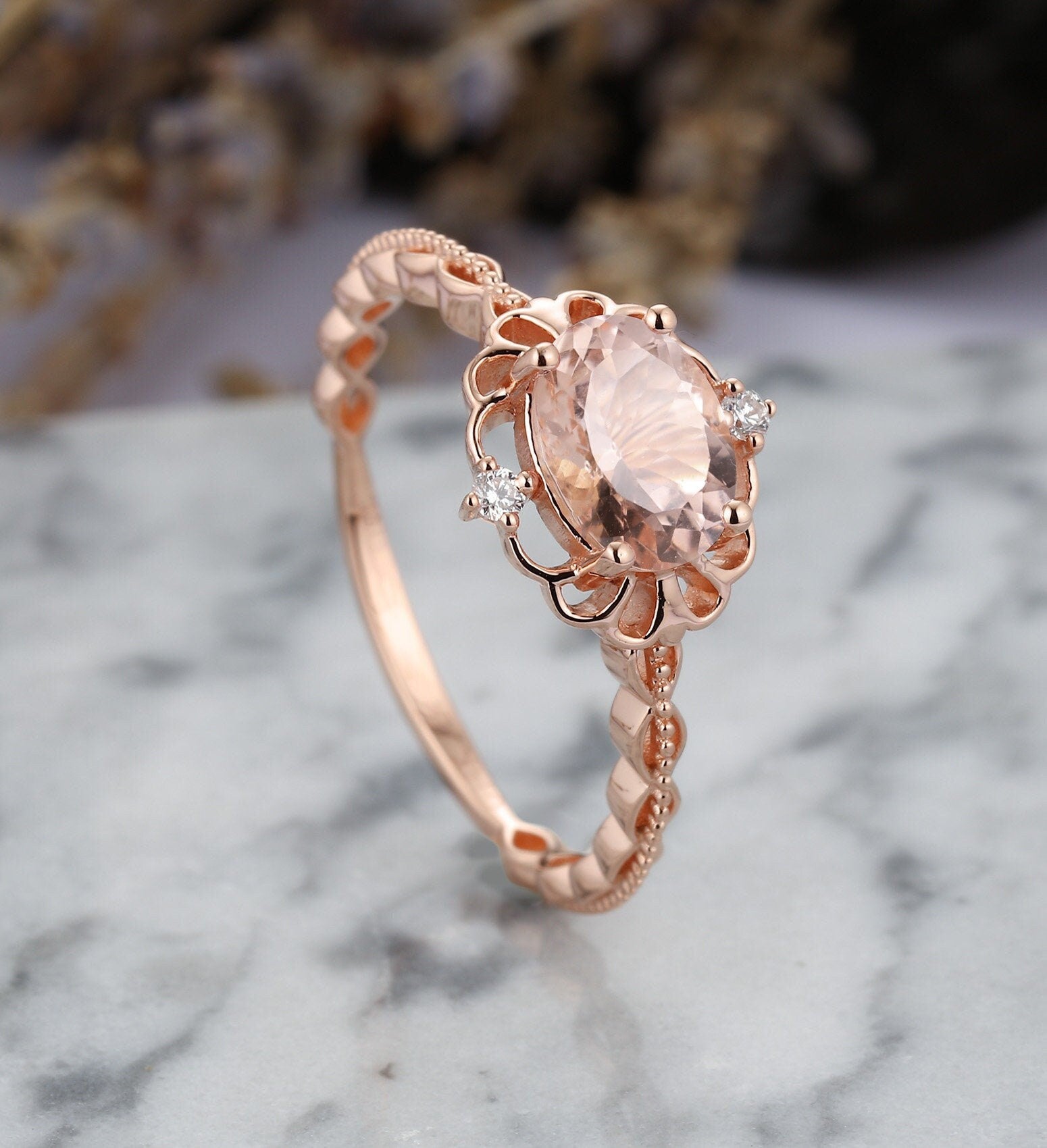 Morganite engagement ring vintage Rose gold  oval cut Antique Delicate diamond Half eternity Wedding  Promise Anniversary wedding ring