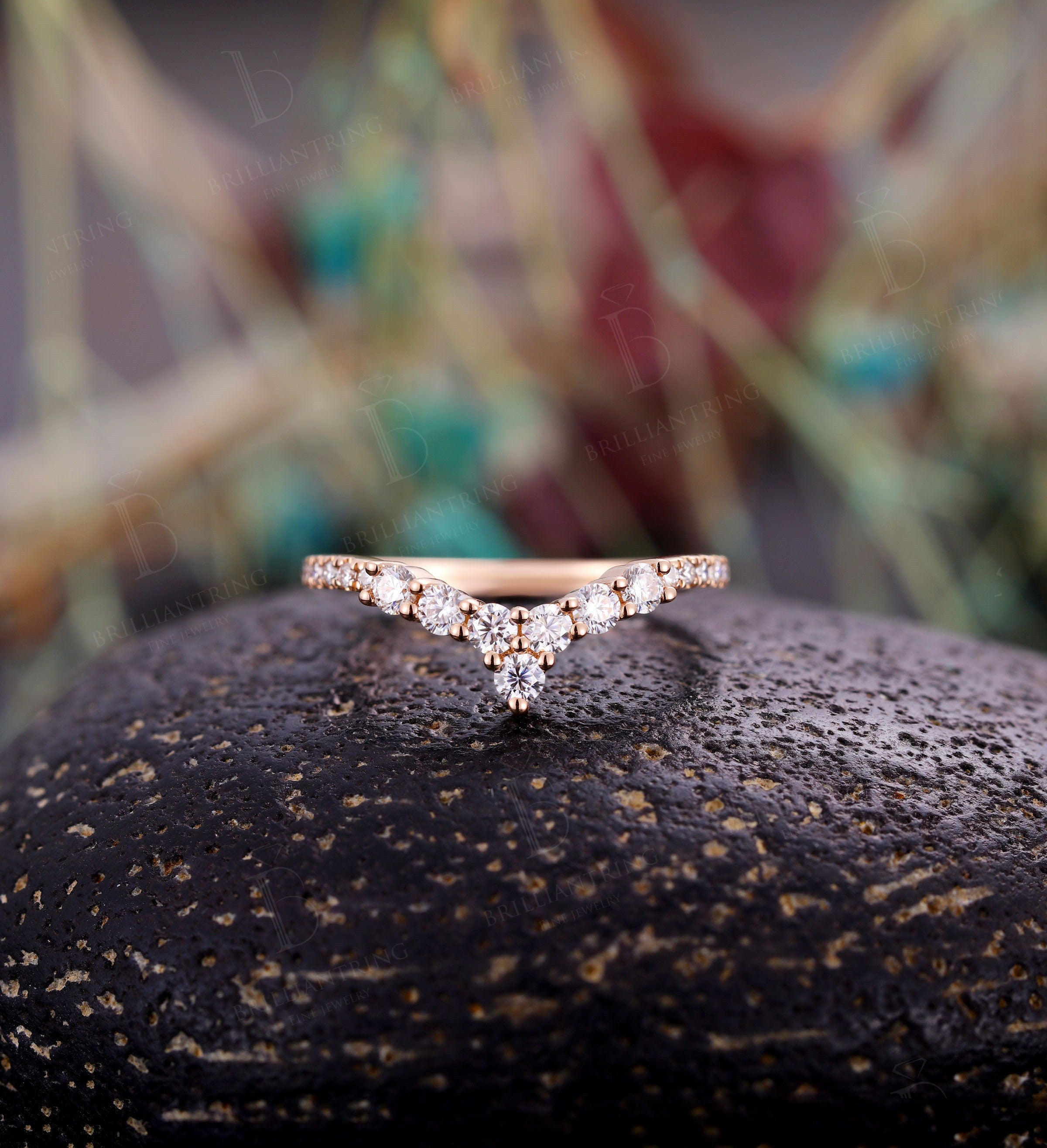 Moissanite Curved wedding band  unique rose gold ring Vintage Jewelry Antique Solid 14K Matching Promise Anniversary Gift for her