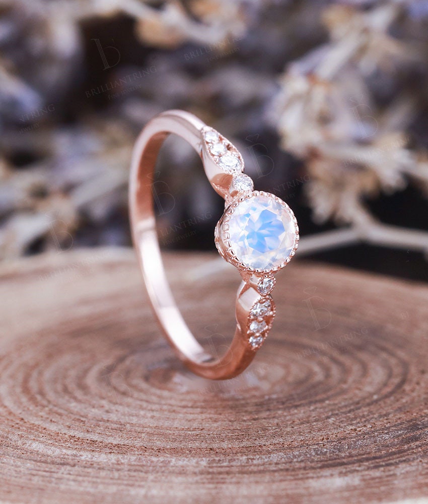 Moonstone Engagement Ring  rose Gold vintage round cut Art Deco Antique diamond wedding ring   Promise Anniversary wedding ring