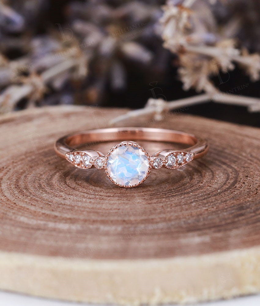 Moonstone Engagement Ring  rose Gold vintage round cut Art Deco Antique diamond wedding ring   Promise Anniversary wedding ring