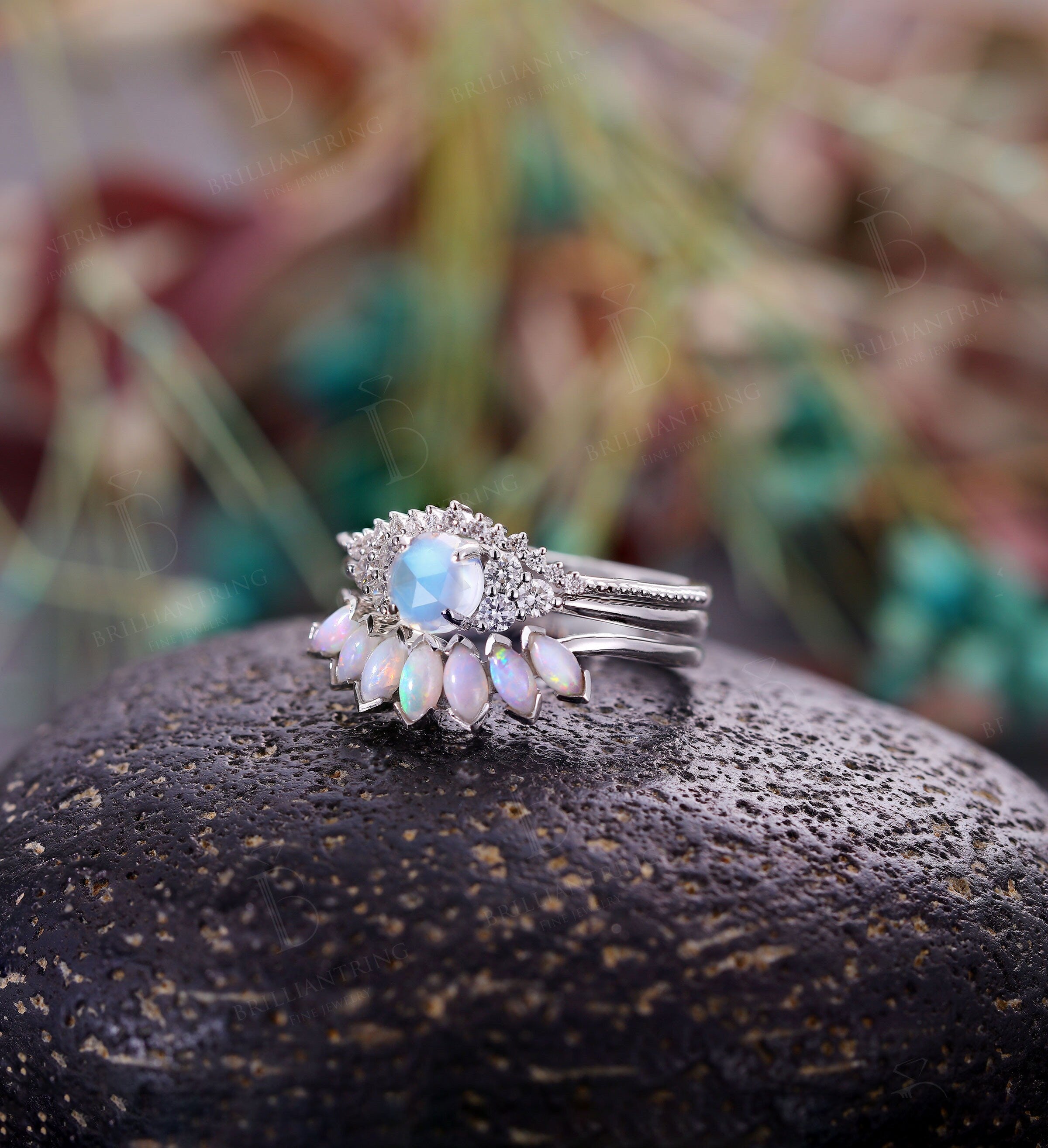 Art deco moonstone engagement ring set Vintage Opal Jewelry rose gold Unique moissanite cluster diamond wedding Bridal set Anniversary gift