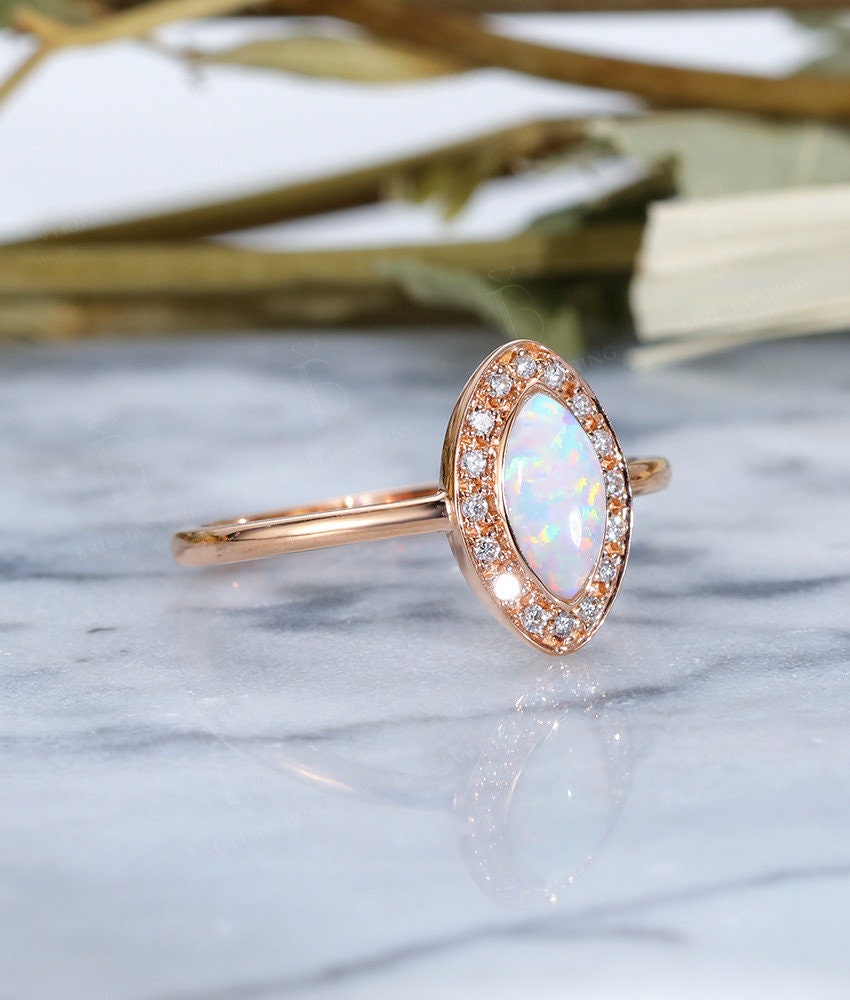 Lab Opal engagement ring vintage Rose gold  marquise cut Antique Halo diamond Half eternity Wedding  Promise Anniversary wedding ring