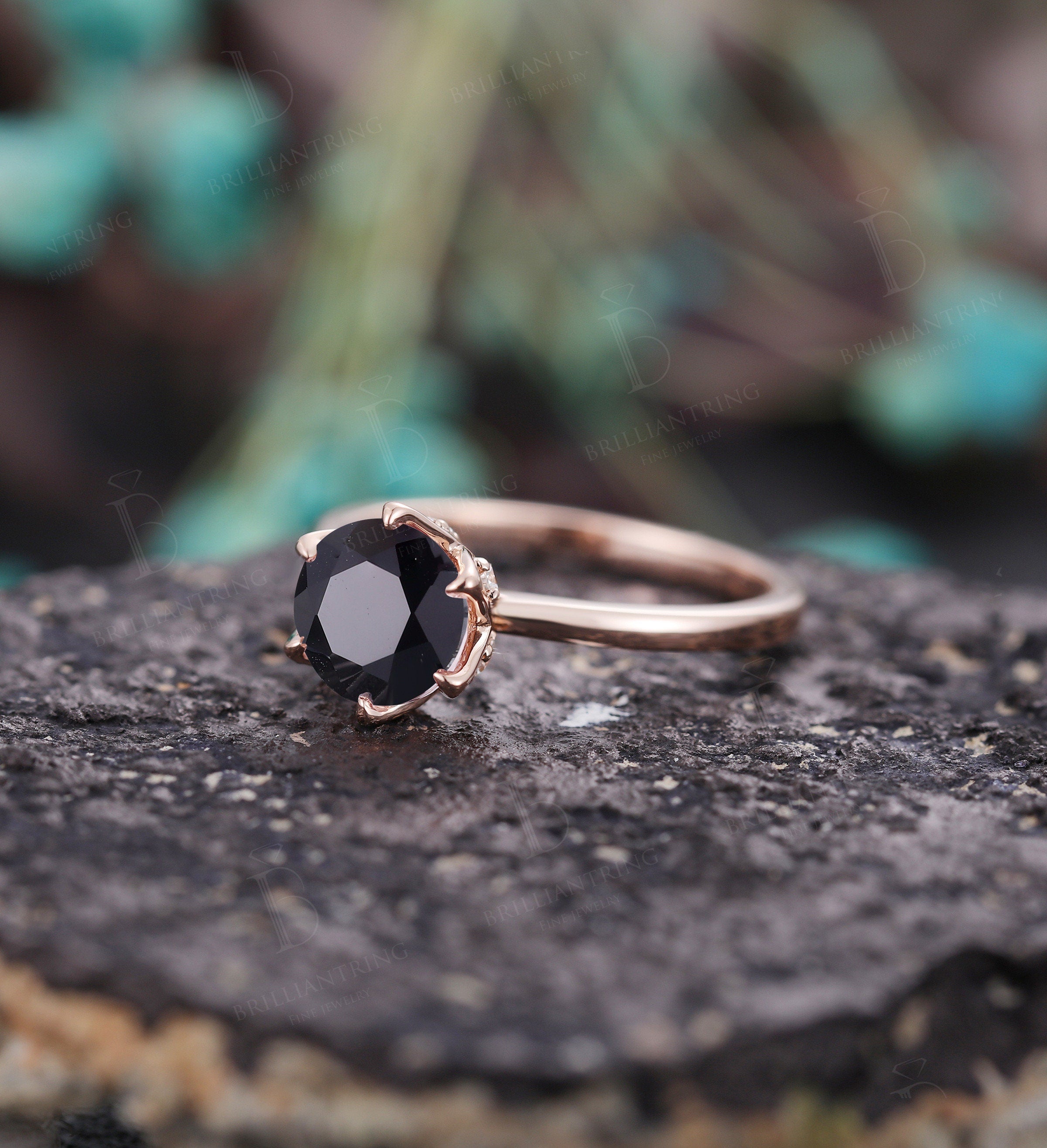 Black Onyx engagement ring vintage unique rose gold moissanite art deco prong set Wedding  Jewelry promise anniversary wedding ring