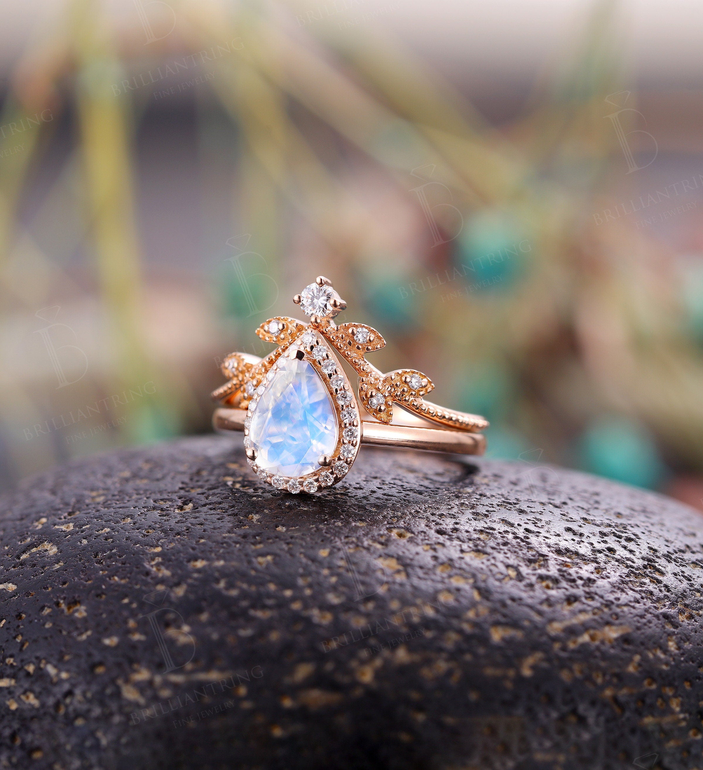 Moonstone engagement ring  Rose gold pear cut vintage moissanite unique Wedding  Jewelry birthstone Anniversary wedding ring