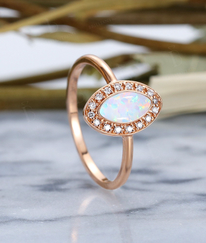 Lab Opal engagement ring vintage Rose gold  marquise cut Antique Halo diamond Half eternity Wedding  Promise Anniversary wedding ring