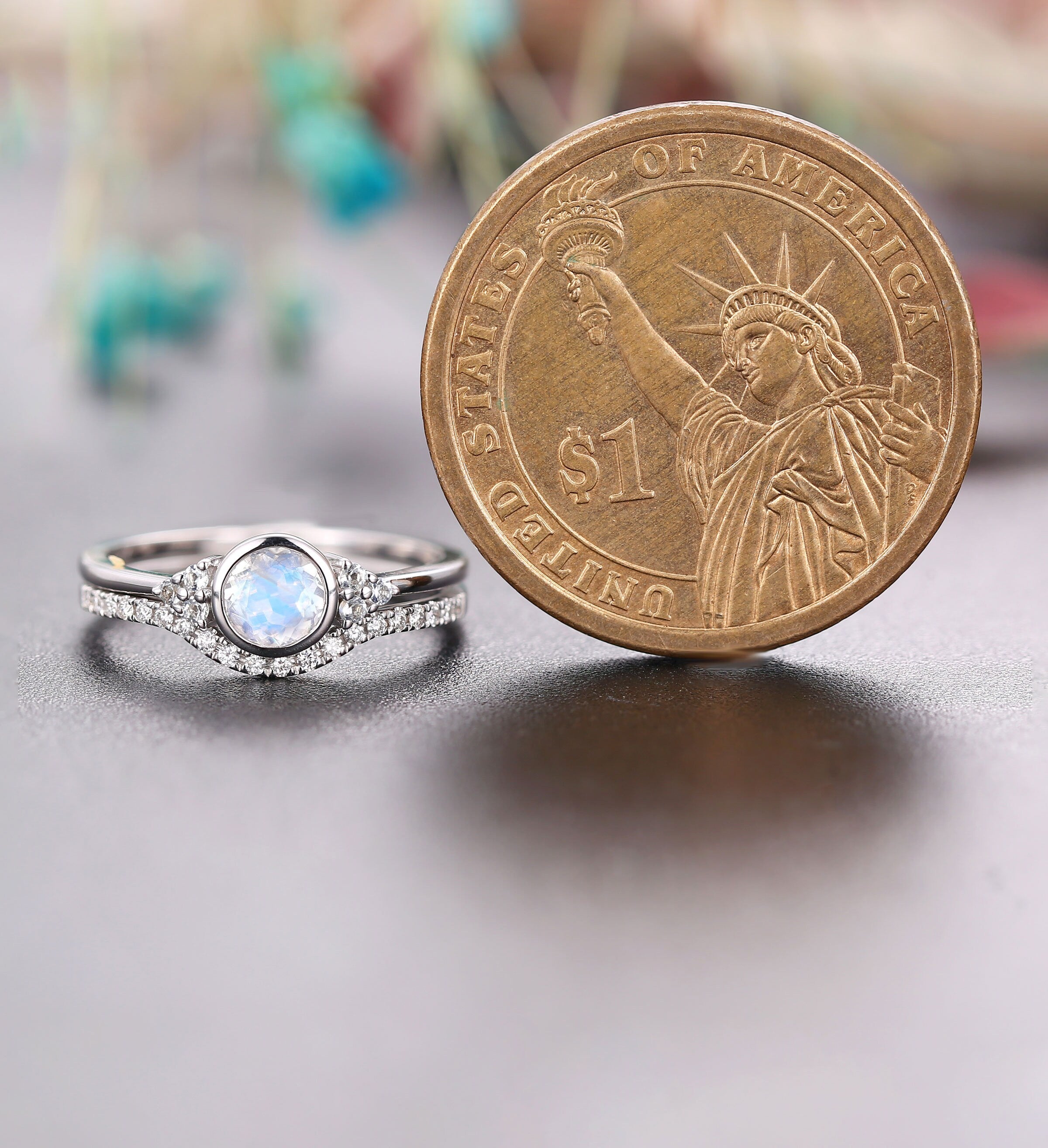 Moonstone engagement ring set for  white gold cluster Vintage curved diamond wedding ring unique art deco Jewelry Anniversary gift