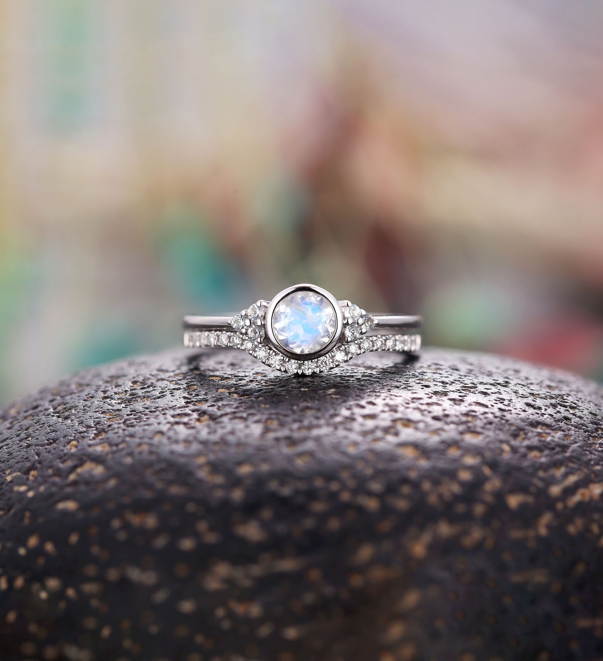 Moonstone engagement ring set for  white gold cluster Vintage curved diamond wedding ring unique art deco Jewelry Anniversary gift