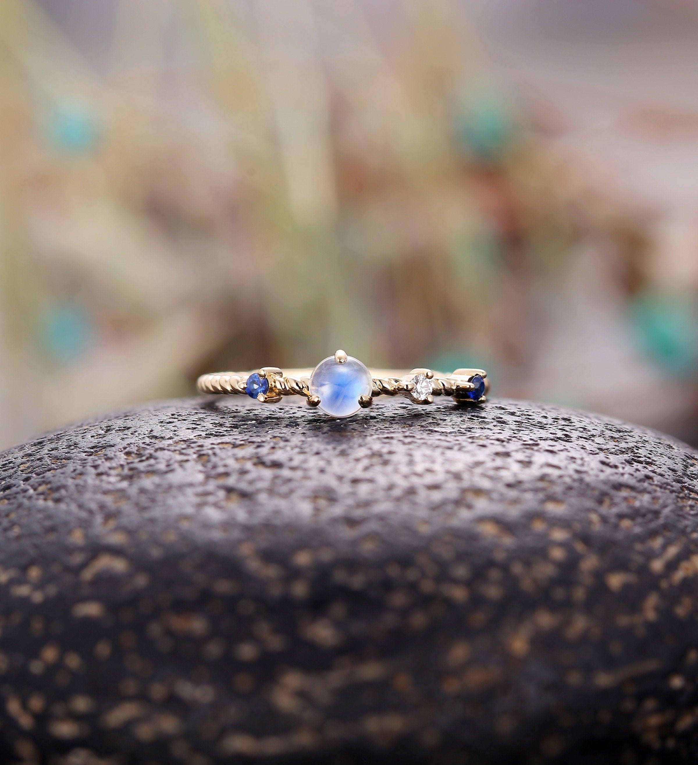 Moonstone engagement ring rose gold  diamond unique wedding milgrain sapphire Delicate Minimalist anniversary wedding ring Bridal set