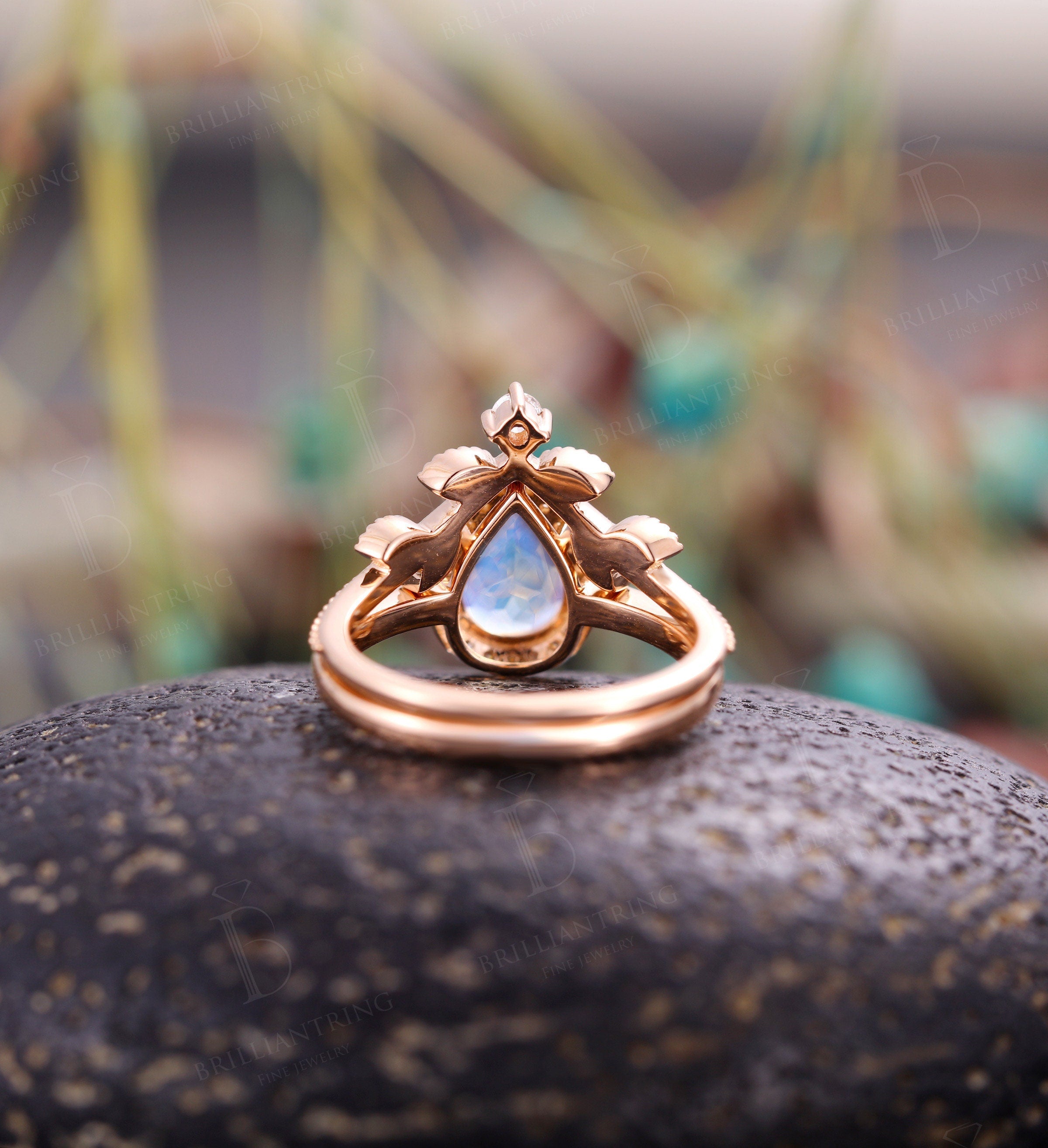 Moonstone engagement ring  Rose gold pear cut vintage moissanite unique Wedding  Jewelry birthstone Anniversary wedding ring